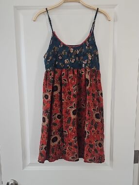 Floral Two-Tone Spaghetti Strap Dress - Blue & Rust Red Natural Life Size xs
